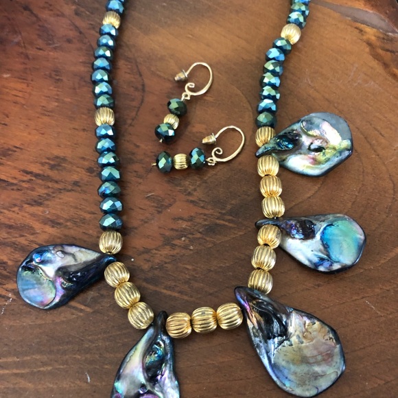 VTG  ABALONE NECKLACE W/ GOLD & GLASS FACETED BEADS 22" & MATCHING EARRINGS SET - Picture 11 of 17